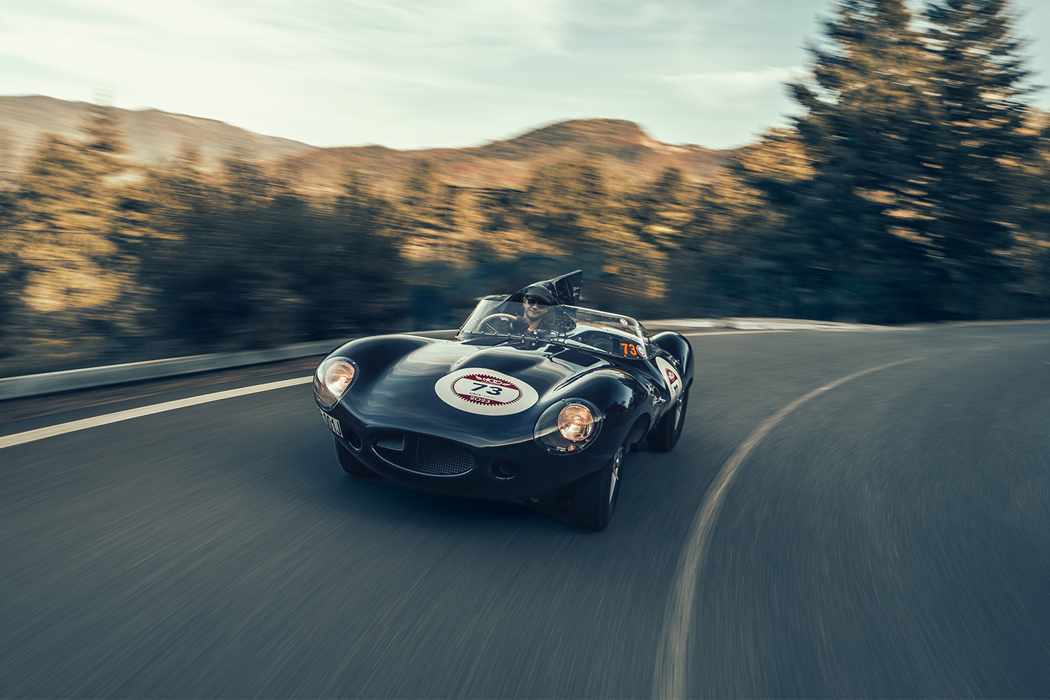Journalist Basem Wasef driving a Jaguar D-type Continuation in the Modena Cento Ore classic car rally in Italy