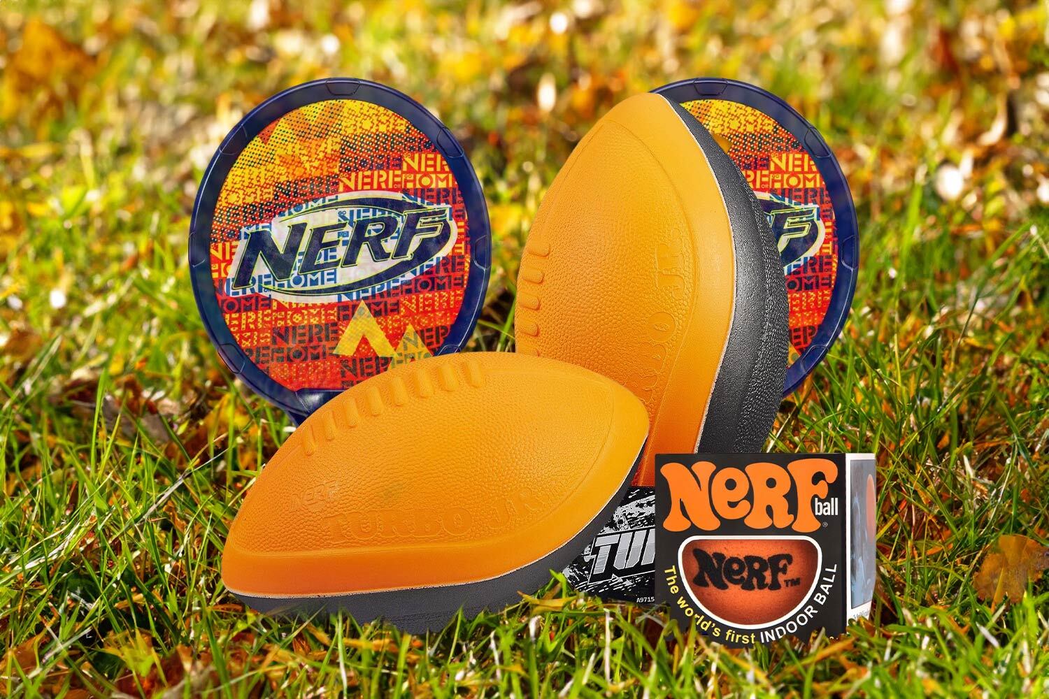 A NERF Football on a festive background.