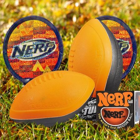 A NERF Football on a festive background.