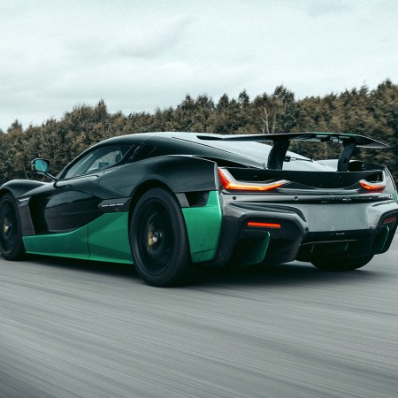 The Rimac Nevera, an electric hypercar from Croatia, breaking the Guinness World Record for fastest driving in reverse