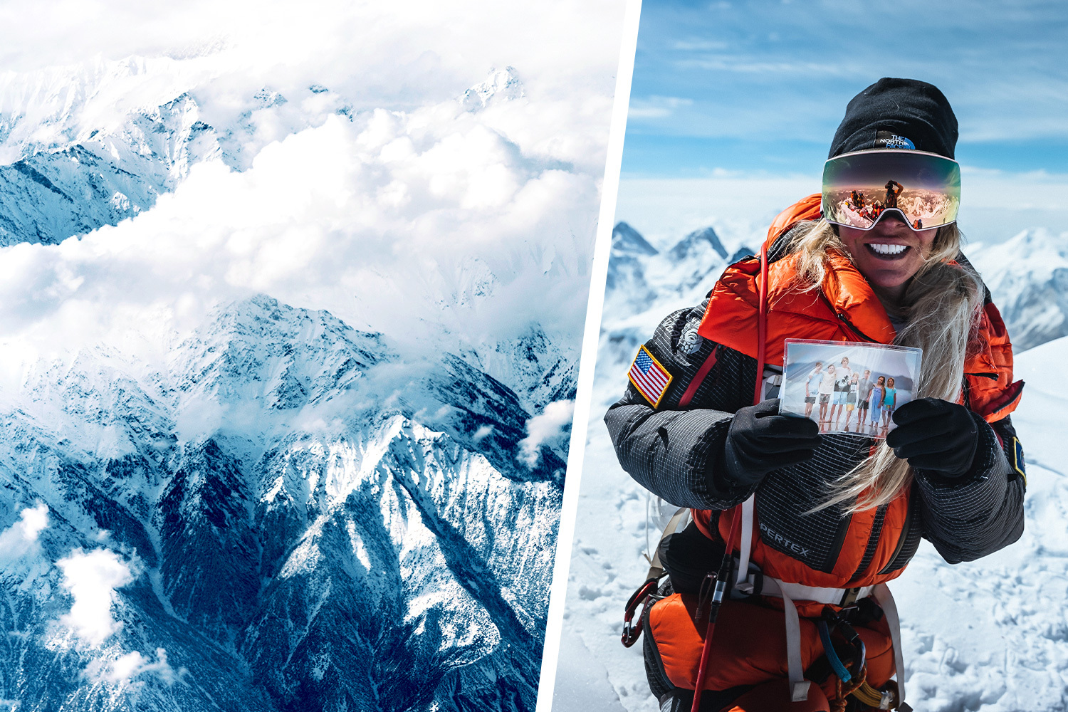 A photo of Jenn Drummond after she summited K2, holding a photo of her children.