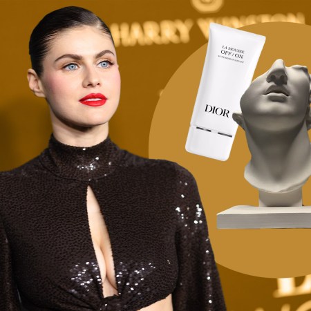 Actress Alexandra Daddario with her favorite skincare and a Roman bust.
