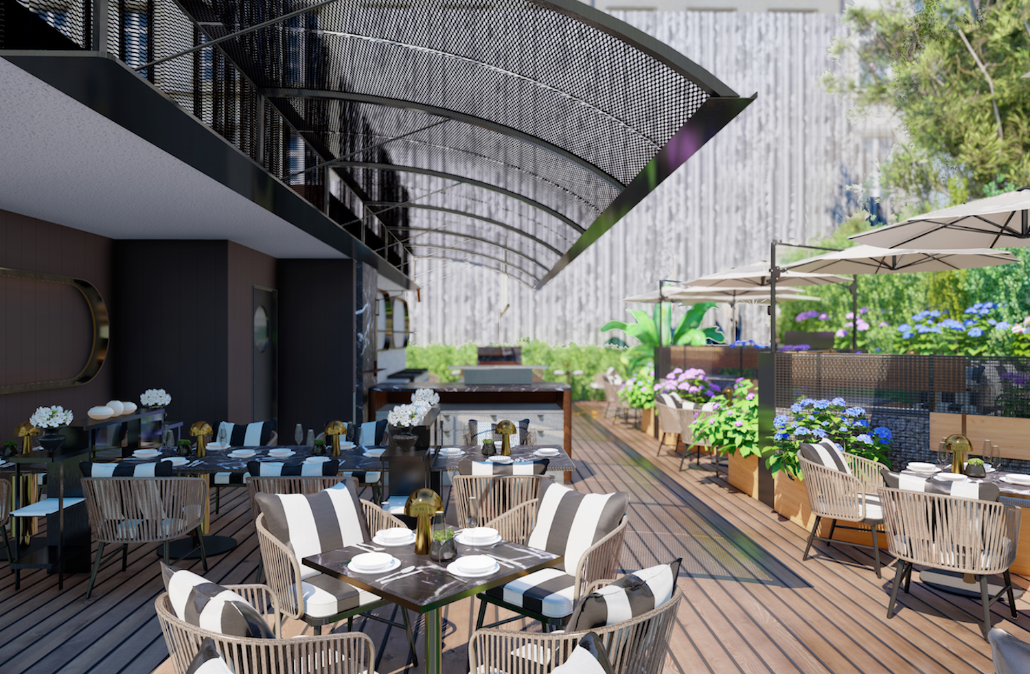 Patio with grill, lounge seating, umbrellas and a roof cover with bright-colored flowers