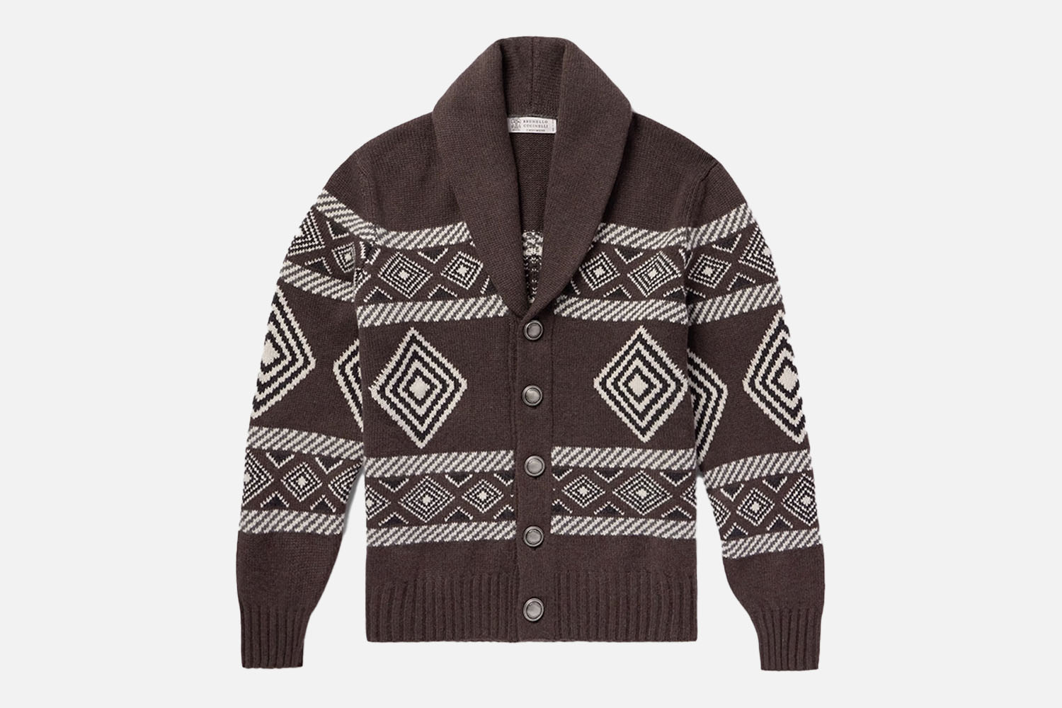 Brunello Cucinelli Shawl-Collar Fair Isle Cashmere Cardigan