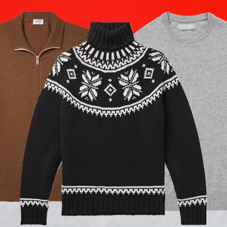 a trio of cashmere sweaters on a red and white background