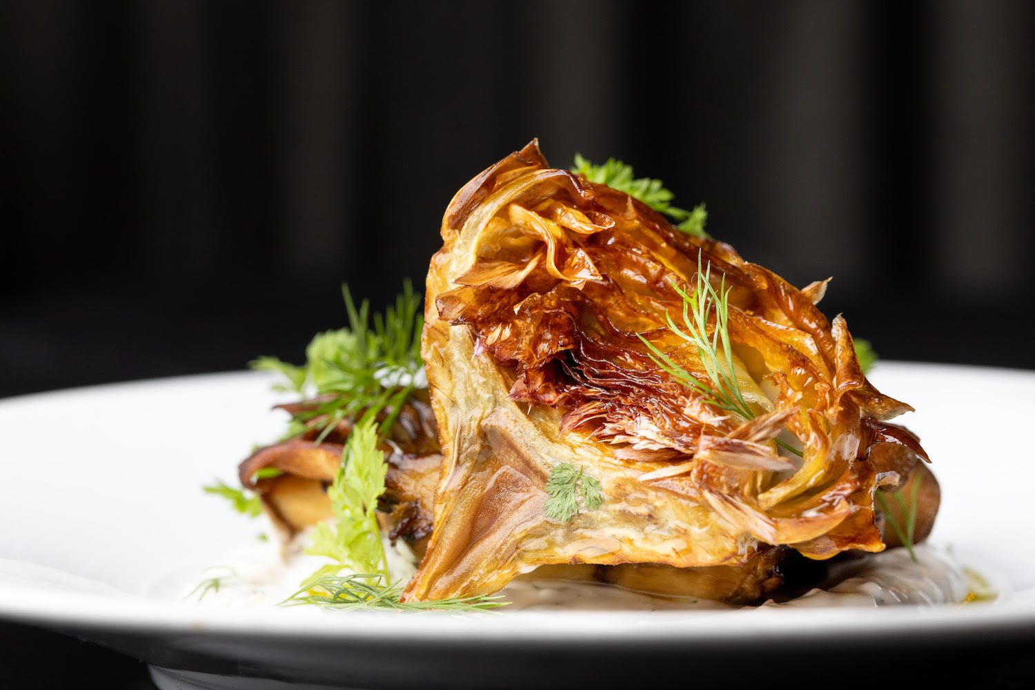 Crossroads's crispy artichoke hearts & roasted maitake mushrooms with dill yogurt