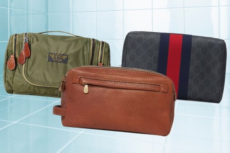 a collage of dopp kits on a tile background