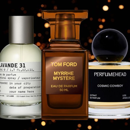 A collage of colognes on a black background