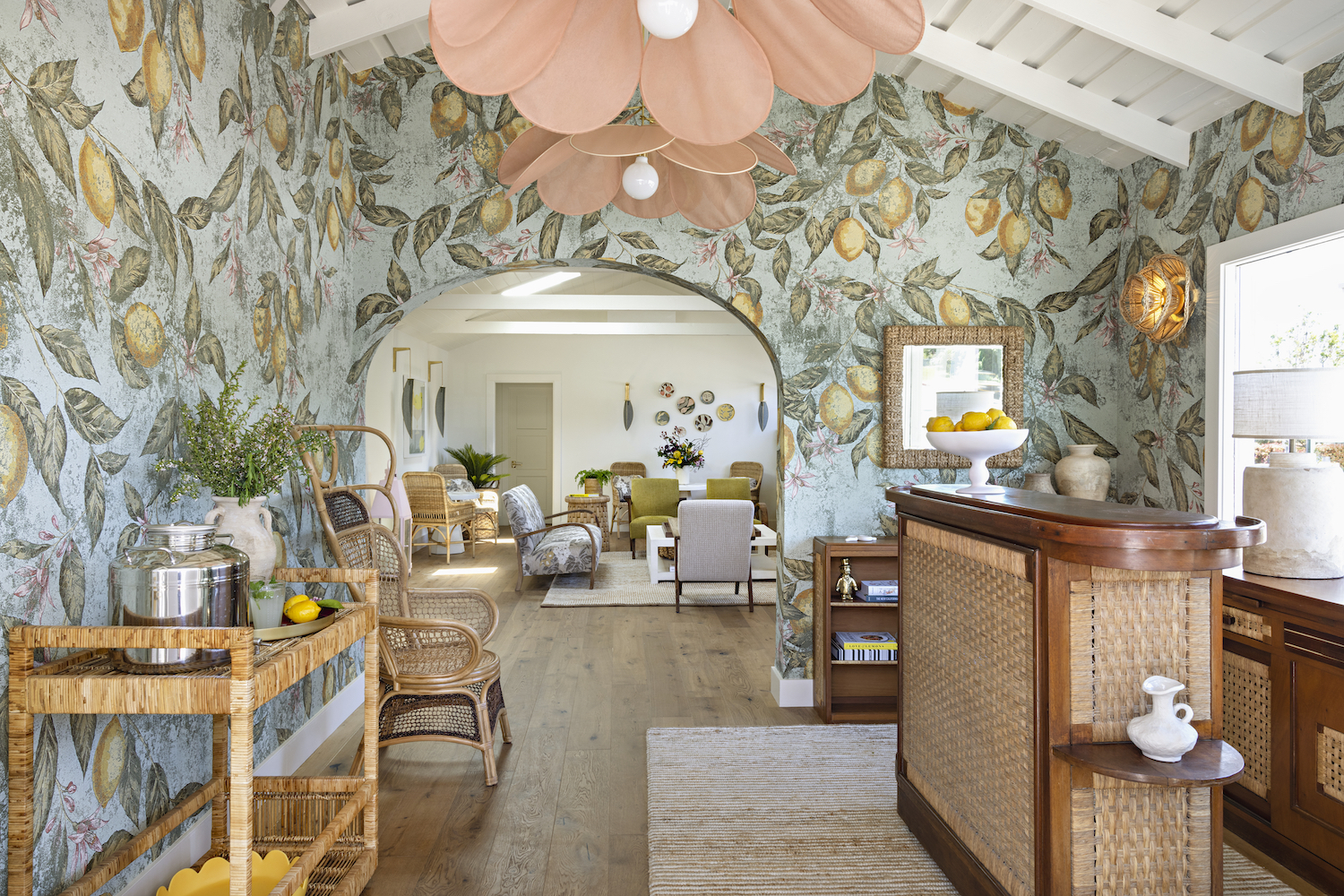 Colorful lobby area with pastel colors and decor and lemon wallpaper