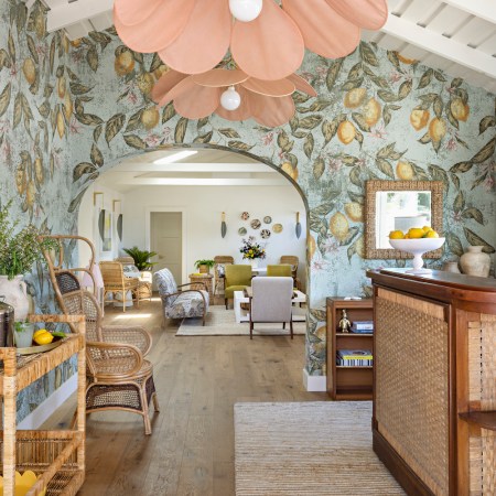 Colorful lobby area with pastel colors and decor and lemon wallpaper