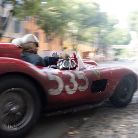 A Ferrari race car driving in the Michael Mann movie "Ferrari." We spoke with stunt coordinator Robert Nagle about the Enzo Ferrari biopic.