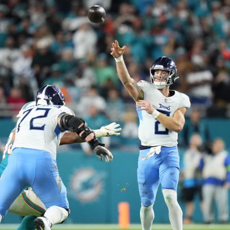 Quarterback Will Levis of the Tennessee Titans throws a pass.
