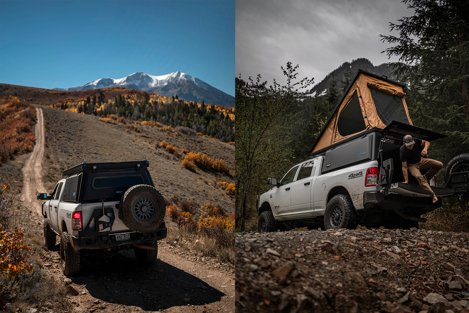 The Super Pacific X1 truck camper, seen in its folded form on a pickup and in its pop-up form