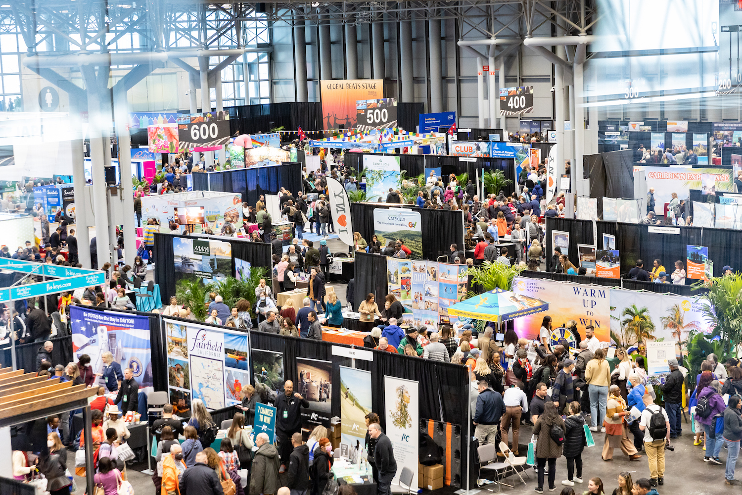 Packed crowds and booths at the Travel and Adventure show