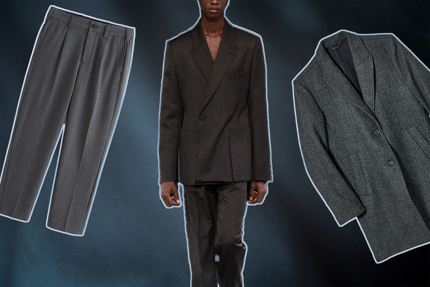 a collage of grey items on a black background