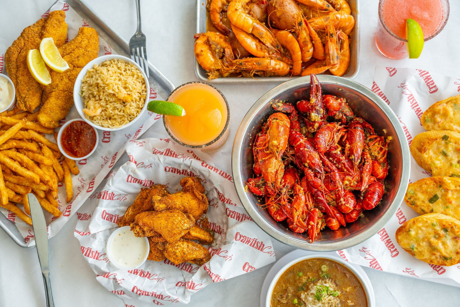 Spread of seafood and other appetizers on a table