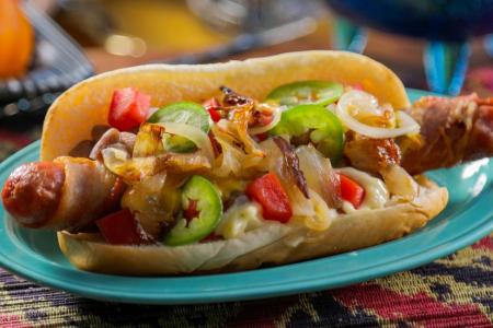 A Sonoran-style hot dog with all the trimmings.