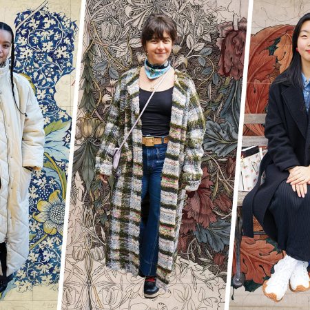 Three women on floral backgrounds.