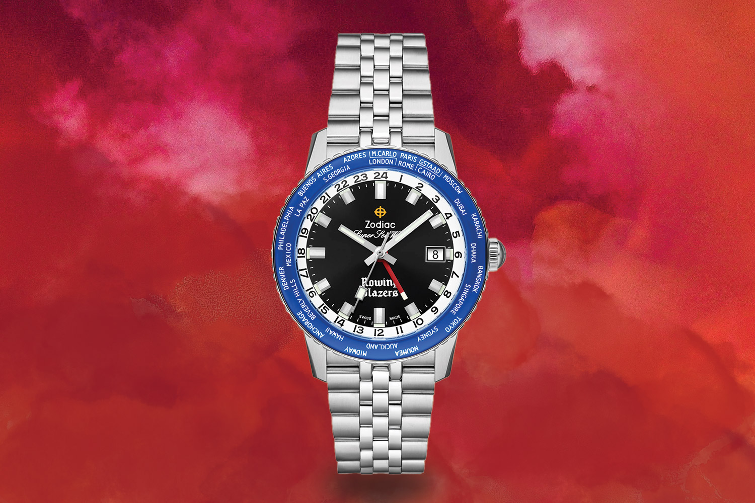 Black, blue and silver Zodiac x Rowing Blazers Super Sea Wolf World Time GMT Limited Edition