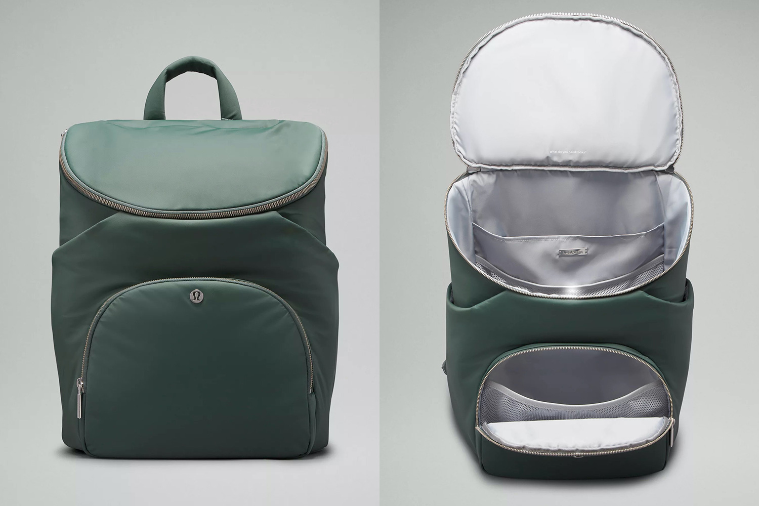 The Lululemon New Parent Backpack (a diaper bag) shown closed and open