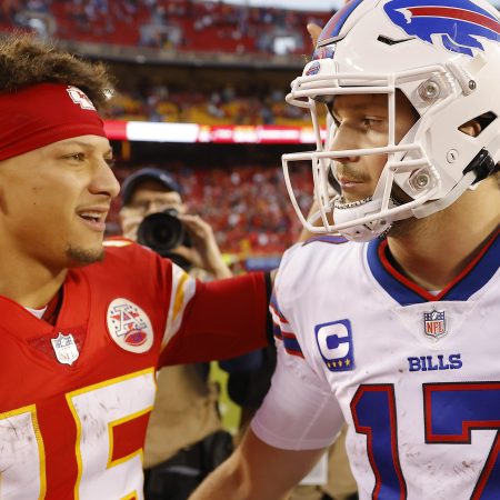Patrick Mahomes shakes hands with Josh Allen.