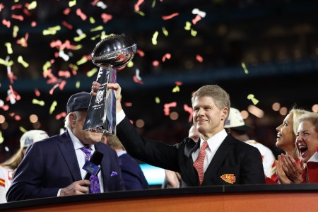 Kansas City Chiefs CEO Clark Hunt celebrates with the the Vince Lombardi Trophy after his team defeated the Philadelphia Eagles 38-35 in Super Bowl LVII at State Farm Stadium on February 12, 2023 in Glendale, Arizona.