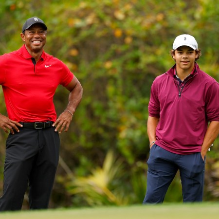 ORLANDO, FLORIDA - DECEMBER 17: Tiger Woods and Charlie Woods of the United States during the final round of the PNC Championship at The Ritz-Carlton Golf Club on December 17, 2023 in Orlando, Florida. (Photo by Mike Ehrmann/Getty Images)