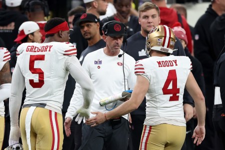 LAS VEGAS, NEVADA - FEBRUARY 11: Head coach Kyle Shanahan of the San Francisco 49ers celebrates with Jake Moody #4 after he kicked a Super Bowl record setting 55-yard field goal in the second quarter against the Kansas City Chiefs during Super Bowl LVIII at Allegiant Stadium on February 11, 2024 in Las Vegas, Nevada. (Photo by Steph Chambers/Getty Images)