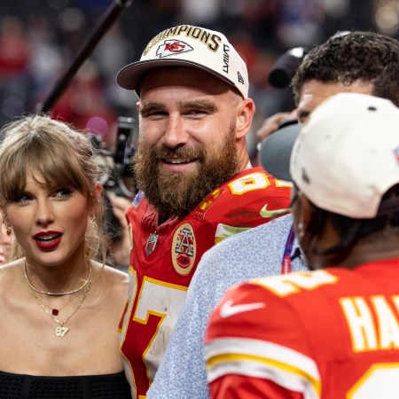 Taylor Swift and Travis Kelce after the NFL Super Bowl 58 football game between the San Francisco 49ers and the Kansas City Chiefs, Sunday, Feb. 11, 2024, in Las Vegas. (Michael Owens via AP)