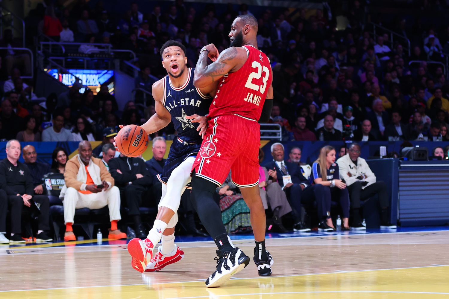 INDIANAPOLIS, INDIANA - FEBRUARY 18: Giannis Antetokounmpo #34 of the Milwaukee Bucks and Eastern Conference All-Stars drives against LeBron James #23 of the Los Angeles Lakers and Western Conference All-Stars in the second quarter during the 2024 NBA All-Star Game at Gainbridge Fieldhouse on February 18, 2024 in Indianapolis, Indiana. NOTE TO USER: User expressly acknowledges and agrees that, by downloading and or using this photograph, User is consenting to the terms and conditions of the Getty Images License Agreement. (Photo by Stacy Revere/Getty Images)