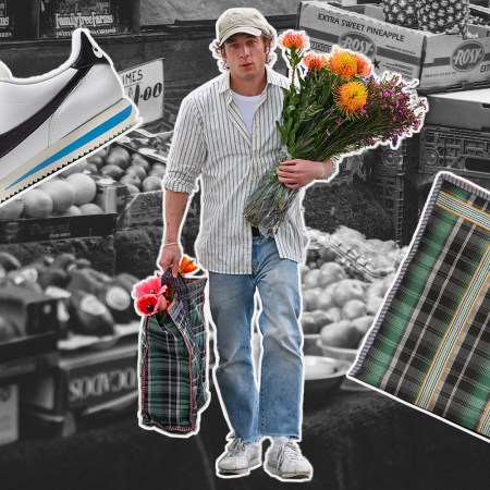 a collage of Jeremy Allen White and items of clothing on a grey background