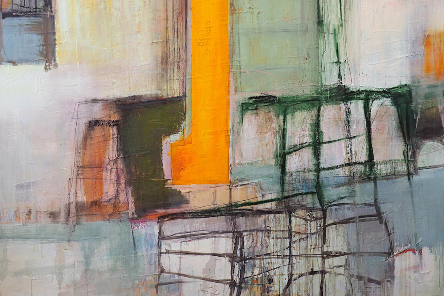 Oil painting with different colored and textured rectangle and square shapes