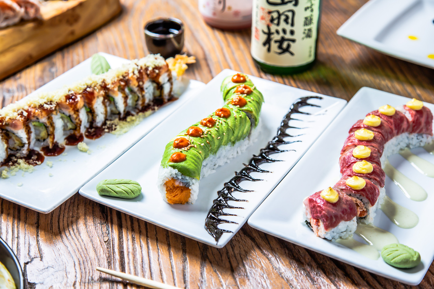 Spread of sushi on plates