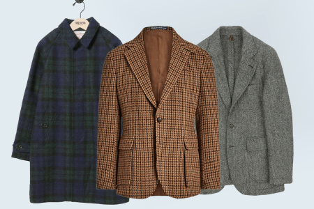 Todd Snyder Harris Tweed Collar Coat; RL67 Checked Wool Tweed Jacket; Drake's Grey Herringbone Harris Tweed Games Blazer