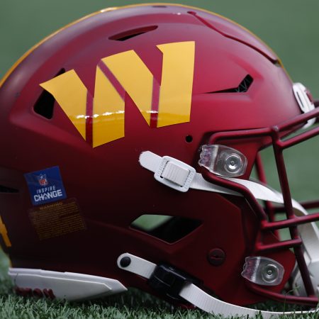 A Washington Commanders helmet on the field.