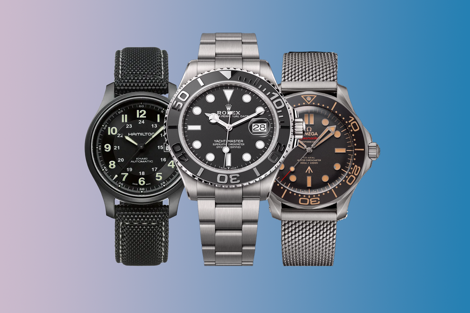 Left to right: Hamilton Khaki Field Titanium Auto, Rolex Yacht-Master 42 RLX Titanium, Omega Seamaster Diver 300M