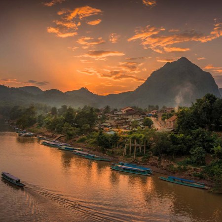 Aerial view of the Nam Ou river in Nong Khiaw, a village in the Luang Prabang Province of northern Laos
