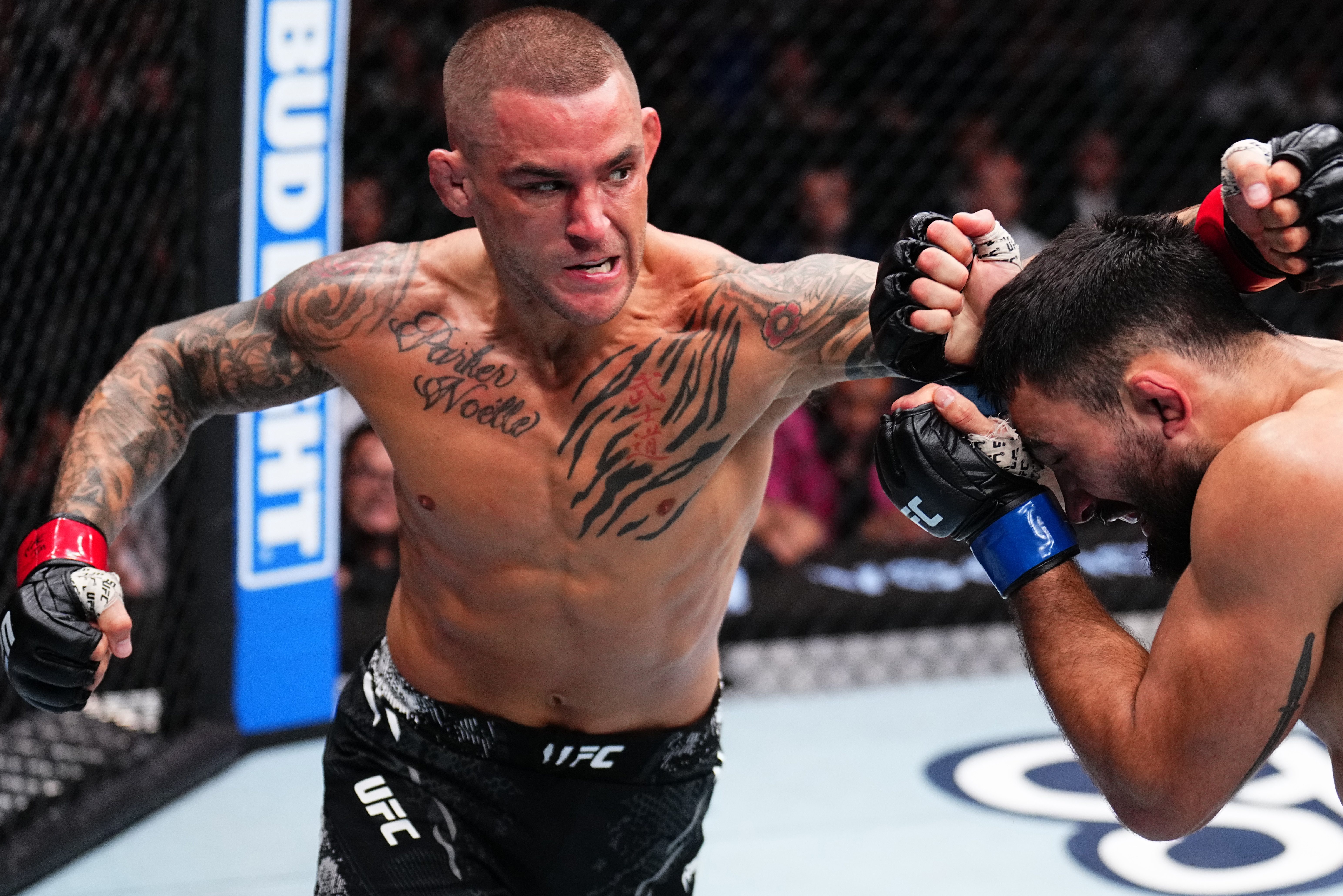 Dustin Poirier punches Benoit Saint Denis in a fight at UFC 299.