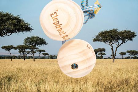 A pair of Elephant Balls, the grip strength training tool, in front of a picture of the savanna.