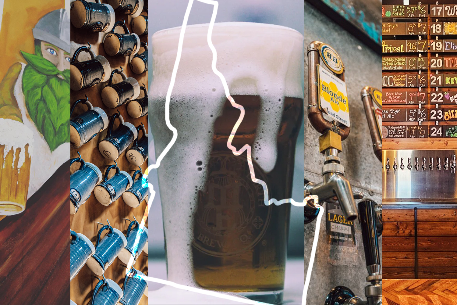 Images from Idaho's many breweries with the outline of the state on top. Here's our beginner's guide to Idaho's underrated craft breweries.
