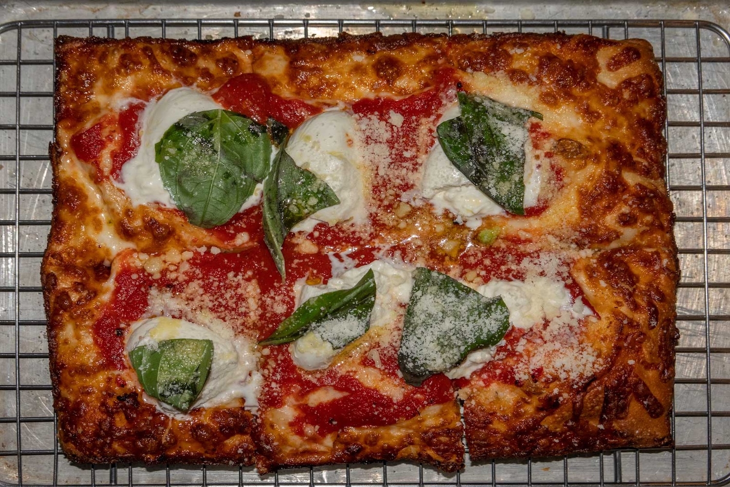 Margarita pizza with leaves on top