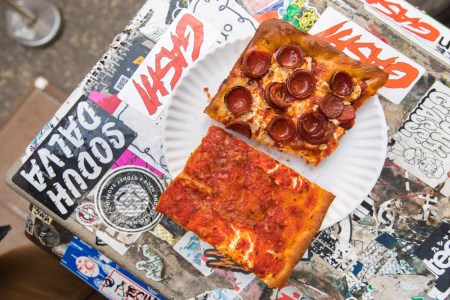 two slices of pizza, one pepporoni, one cheese, on a white paper plate
