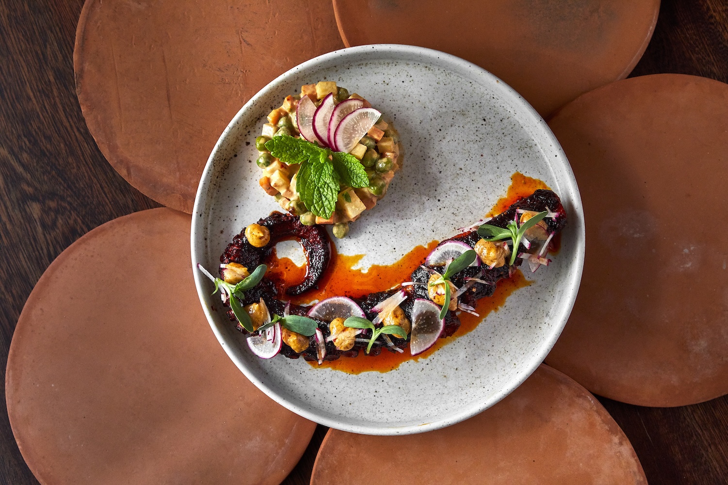 piece of meat with garnish and side of guacamole