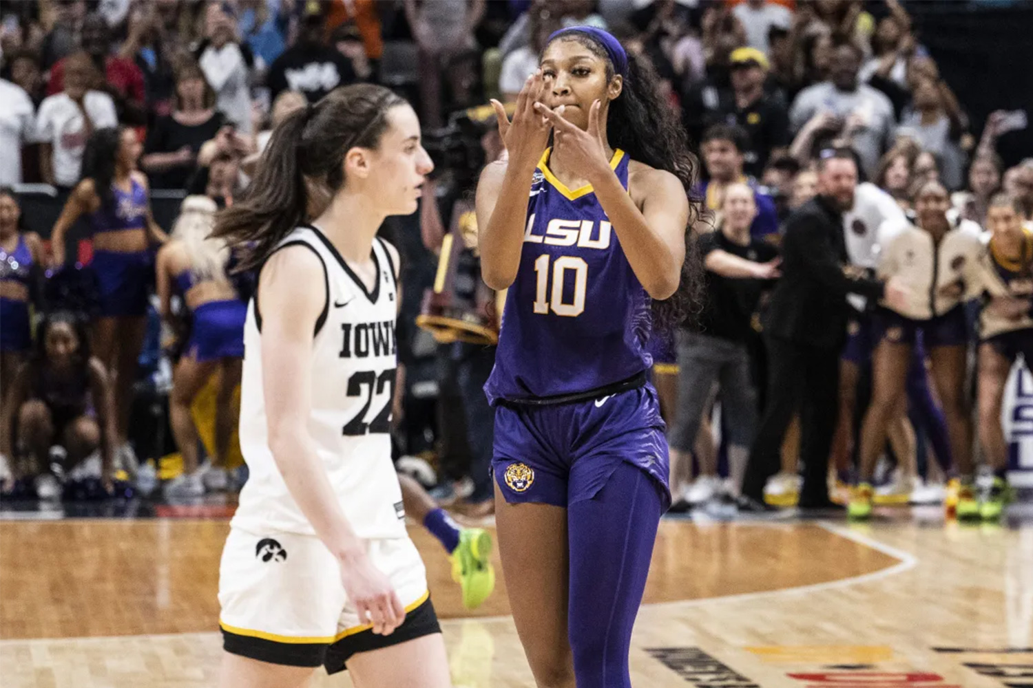 Angel Reese and Caitlin Clark at the 2023 NCAA Women's Basketball Tournament.