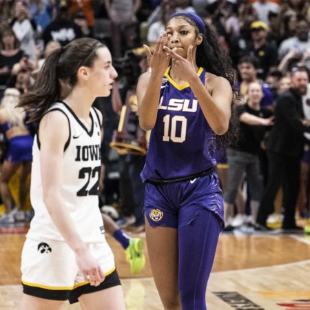 Angel Reese and Caitlin Clark at the 2023 NCAA Women's Basketball Tournament.