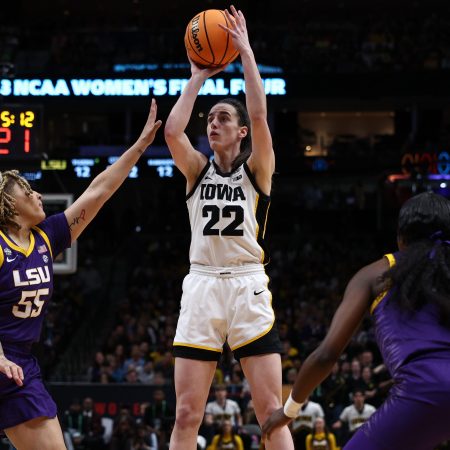 Caitlin Clark shoots the ball against LSU.