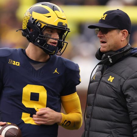 Ex-Michigan Wolverines Jim Harbaugh and J.J. McCarthy.