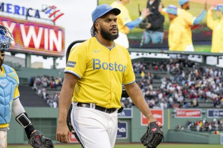Kenley Jansen of the Boston Red Sox walks off the field after a win.