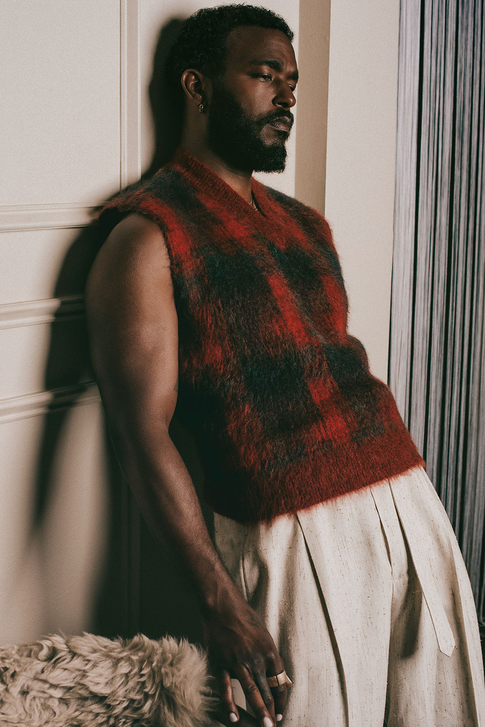 The actor Luke James wearing Maison Margiela x Pendleton and Dries van Noten