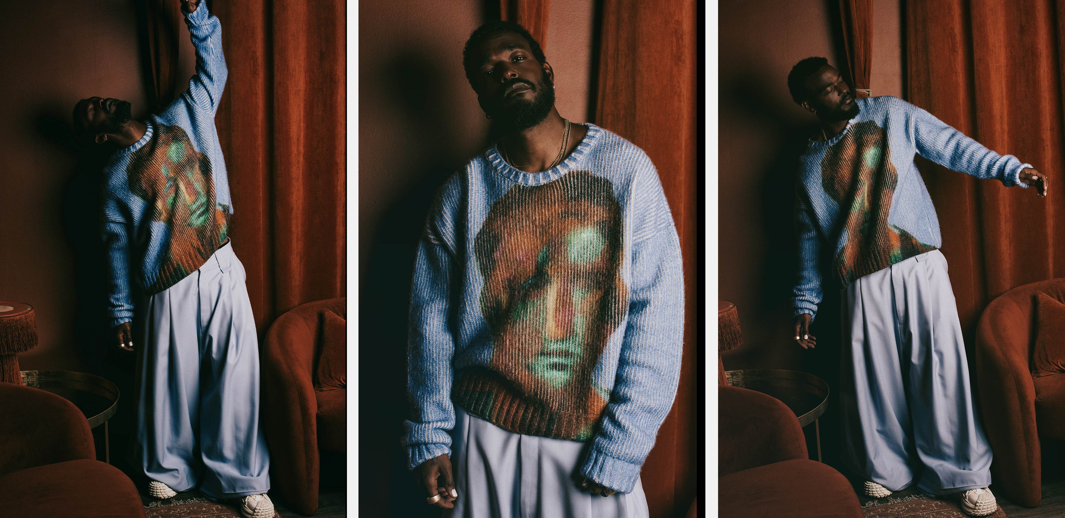 Luke James, the singer turned actor, wearing an outfit from Le PERE, Willy Chavarria and Emporio Armani